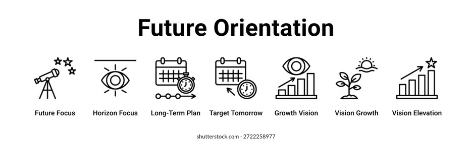 Future Orientation web banner icon vector illustration concept for business with icon of Future Focus, Horizon Focus, Long-Term Plan, Target Tomorrow, Growth Vision, Vision Growth.