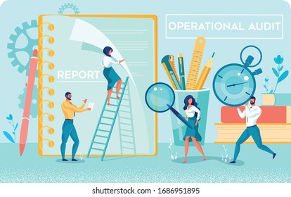 Future Oriented Independent Evaluation Organizational Activities. Operational Audit in Progress. Auditors with Magnifying Glass, Stopwatch, and Step Ladder Examining Documents. Flat Vector Banner.