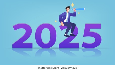 Future Outlook. Businessman with telescope ride on year 2025. economic forecast or future vision, business opportunity or challenge ahead. year review or analysis concept. Vector Illustration.