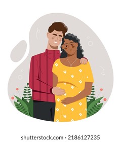 Concepto de futuros padres. Hombre y niña abrazando y esperando un bebé, feliz familia. Apoyo y amor, paternidad y maternidad, pareja joven sonriendo. Afiche o pancarta. Dibujo vectorial plano de dibujos animados