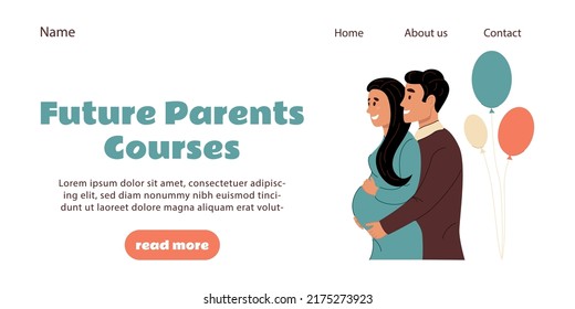 Future parents courses or classes banner background. Husband hugging his happy pregnant wife. School of motherhood and fatherhood advertising web landing page. Flat vector illustration