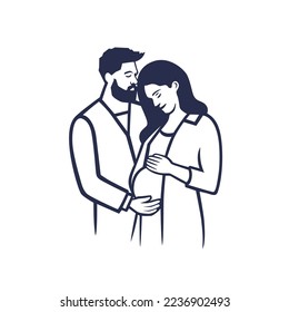 Future parents hug each other and their unborn child. Illustration on white background.