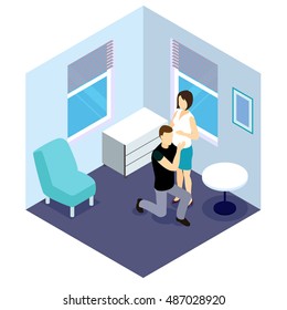 Future parents isometric design with pregnant woman and man listening sounds of embryo vector illustration