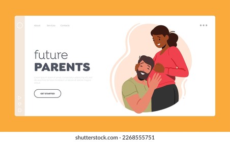 Future Parents Landing Page Template. Happy Couple Waiting Baby. Young Husband Listening Heartbeating In Belly Of Pregnant Wife. Female Prepare For Motherhood. Cartoon People Vector Illustration