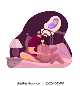 Future parents man and woman are expecting a baby and dreaming about child. Husband father hug his pregnant wife mother relaxing on the bed. Cosy family and home atmosphere. Flat vector illustration