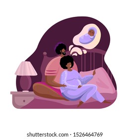 Future parents man and woman are expecting a baby and dreaming about child. Husband father hug his pregnant wife mother relaxing on the bed. Cosy family and home atmosphere. Flat vector illustration
