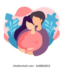 Future parents man and woman are expecting a baby. Couple of husband and wife prepare become parents. Man embracing pregnant woman with belly. Maternity, fatherhood. Flat vector illustration.