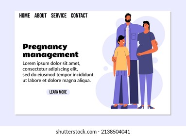 Los futuros padres y su hijo esperan otro hijo. Página de inicio, plantilla de diseño. Ilustración vectorial en estilo plano