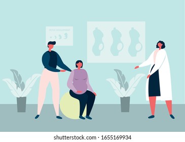 Future parents at training in child birth care clinic. Flat vector illustration.