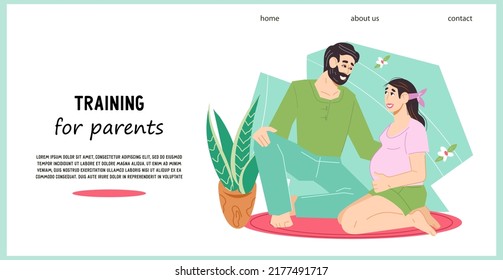 Future parents training and courses for couples expecting a child, flat cartoon vector illustration. Website banner or landing page template with pregnant woman and her husband.