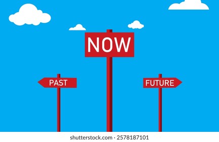 Future past present board icon. Now pas and future way destiny sign. Present moment, destiny, life, psychology, focus and time concept.