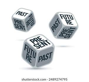 Futuro pasado y presente dados rodando y eligiendo Ilustración vectorial, concepto de vivir en recuerdos o Planes o disfrutar de la vida hoy.