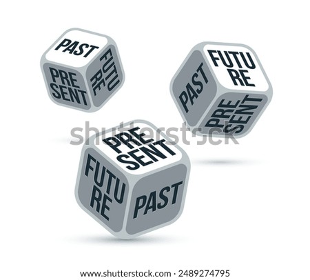 Future past and present dices rolling and choosing vector illustration, concept of living in memories or plans or enjoying life today.