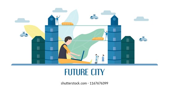 Future people in urban buildings with blue sky and cloud. Vector illustration with flat city in paper cut style. Trend of landmark for downtown of the world and big country. 