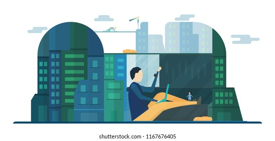Future people in urban buildings with blue sky and cloud. Vector illustration with flat city in paper cut style. Trend of landmark for downtown of the world and big country. 