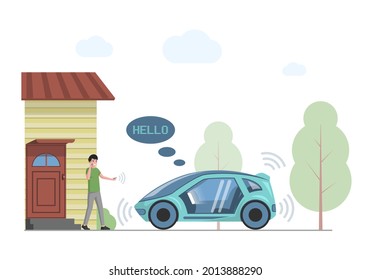 Future personal transport vector flat illustration. Smiling man talking phone and going to smart car. Futuristic high speed transportation. Modern car technologies, self driving automobile.