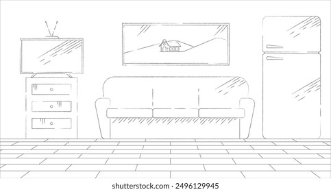 Plan futuro para la ilustración de línea en blanco y negro de diseño de interiores. Diseño de muebles de sala de estar casa de fondo monocromo interior 2D. Refrigerador, sofá. Imagen de Vector de contorno de mobiliario para el hogar