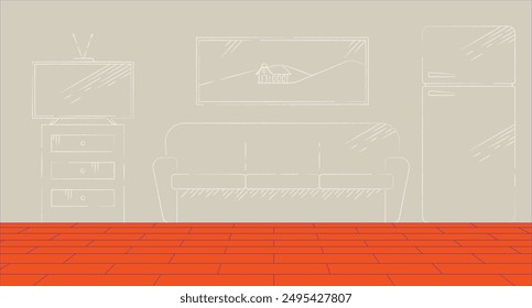 Future plan for interior design cartoon flat illustration. Living room furniture layout house 2D interior colorful background. Refrigerator, sofa. Home furnishing scene vector storytelling image