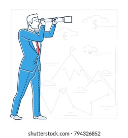 Future planning - line design style isolated illustration on white background with silhouettes of mountains, money, geo-tags. A businessman examining view with a field scope, setting his goals