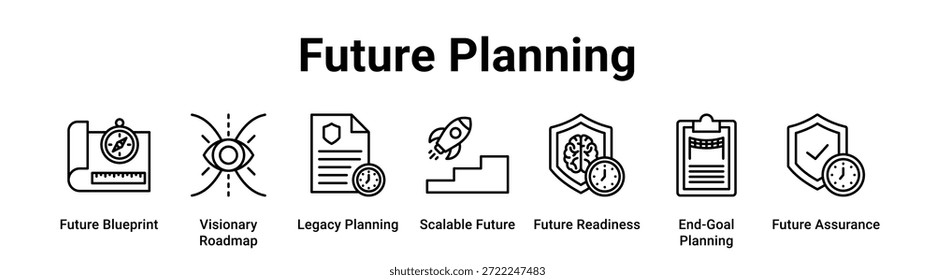Planeamento futuro ícone do banner web vetor ilustração conceito para negócios com ícone de Future Blueprint, Visionary Roadmap, Planejamento Legado, Scalable Future, Future Readiness, End-Goal Planning,.