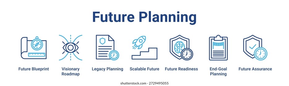 Future Planning web banner icon vector illustration concept for business with icon of Future Blueprint, Visionary Roadmap, Legacy Planning, Scalable Future, Future Readiness, End-Goal Planning,.