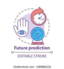 Future prediction concept icon. Fortune telling service. Divination and occultism idea thin line illustration. Crystal ball, palm with eye and clock vector isolated outline drawing. Editable stroke