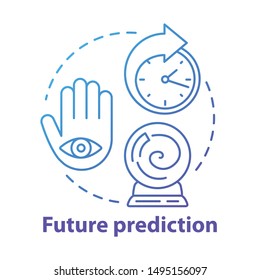 Future prediction concept icon. Fortune telling, oracle service. Divination, esoterics and occultism idea thin line illustration. Crystal ball, palm with eye and clock vector isolated outline drawing