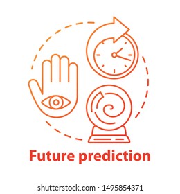 Future prediction concept icon. Fortune telling, psychic service. Divination, esoterics and occultism idea thin line illustration. Crystal ball, palm with eye and clock vector isolated outline drawing
