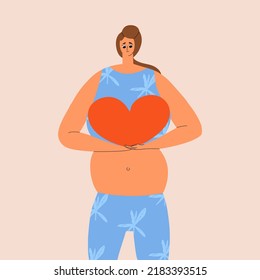 Future pregnant mother with a big heart in her hands. Vector illustration in hand drawn style.