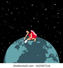 Future Preservation - woman cleaning the terrestrial globe on a starry background