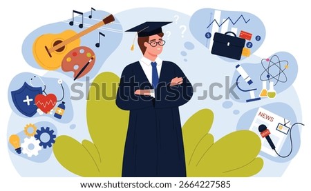 Future profession and career choice by graduate. Young man in graduation hat making life decision to choose professional way in science or business, art, engineering cartoon vector illustration