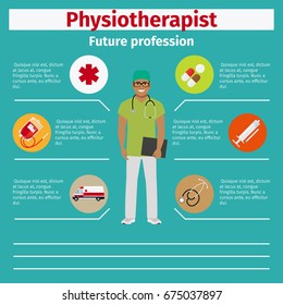 Future profession physiotherapist infographic for students, vector illustration