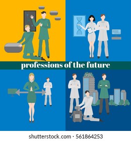 Future professions set. Futuristic occupation. Work in medicine, building, design and robotics. It technology