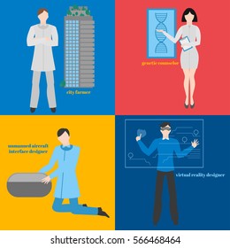 Future Professions Set. Futuristic Occupation. Man With VR Headset. Designer Virtual Reality. City Farmer. Genetic Counselor. Unmanned Aircraft Interface Designer. Vector Illustration