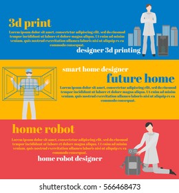 Future professions set. Futuristic occupation. Smart home designer, engineer 3 d printing and home robots. Vector illustration