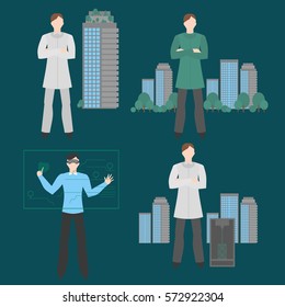 Future professions set. Futuristic occupation. Man with VR headset. Designer Virtual reality and 3 d printing. Eco-analyst. Ecology of sity analysis. Future and people concept. City farmer