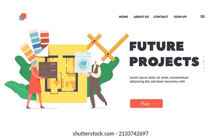 Future Projects Landing Page Template. Tiny Characters Holding Dresser and Washing Machine at Huge Apartment Layout with Room Plan. Graphic Designer Creative Studio. Cartoon Vector Illustration