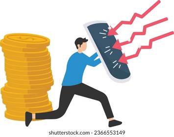 Future proof wealth management, inflation protection or protect from stock market crash, investment stock in market downturn, Holding shield to protect from red arrow

