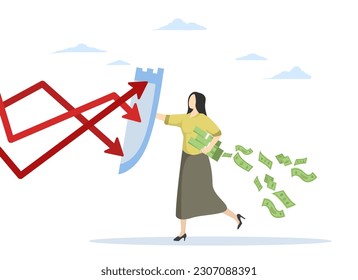 Future proof wealth management, investment stocks in market decline concept, inflation protection or stock market crash protection, female investor holding shield to protect against red bow.
