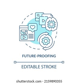 Future Proofing Turquoise Concept Icon. Digital First Mindset Importance Abstract Idea Thin Line Illustration. Isolated Outline Drawing. Editable Stroke. Arial, Myriad Pro-Bold Fonts Used