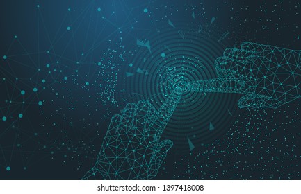 Future protection technology with hand and arrows on full color liquid beautiful geometric thin line background. Big data selections and tomorrow intellectual systems.