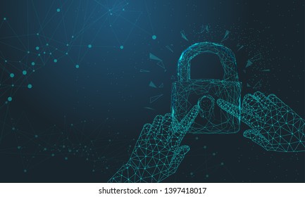 Future protection technology with hand and arrows on full color liquid beautiful geometric thin line background. Big data selections and tomorrow intellectual systems.