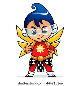 Future Puppet Boy Mascot Character.
Super power boy with golden wings in red costume.