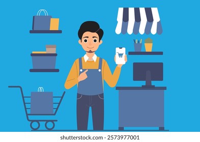 The future of retail is here!  This image captures a shopkeeper embracing online sales with a mobile app. Ideal for presentations on e-commerce, digital marketing, and small business success.