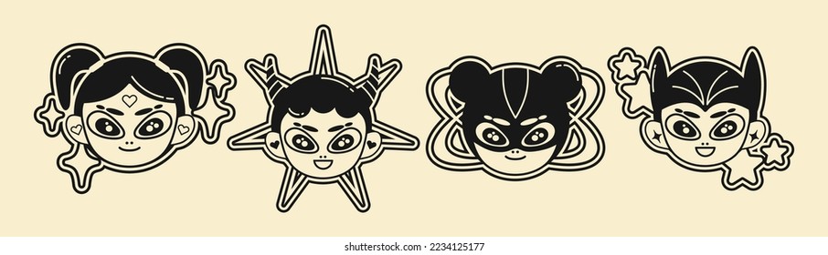 Future retro cartoon character in Y2K style. Cyber girls with stars for 90s design. Collection of vector funky  objects