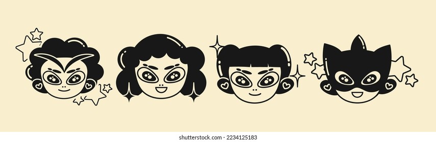 Future retro cartoon character in Y2K style. Cyber girls with stars for 90s design. Collection of vector funky  objects