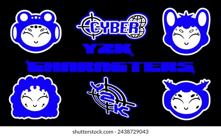 Future retro cartoon character in Y2K style. Cyber girls for 90s design. Collection of vector objects	