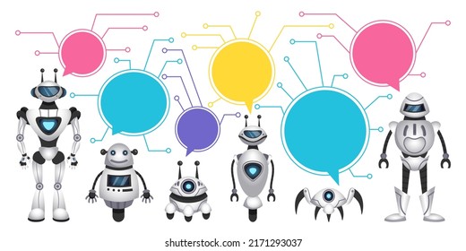 Future robot characters. Intelligence artificial concept with cyborg, business technologies, ai technology assistant with digital background. Speech bubbles. Vector cartoon illustration