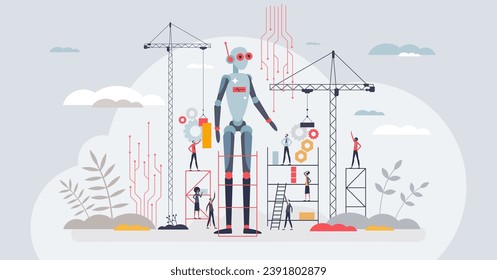 Future of robotics and modern technological development tiny person concept. Futuristic electronics industry with artificial intelligence, automation and smart things tech usage vector illustration.