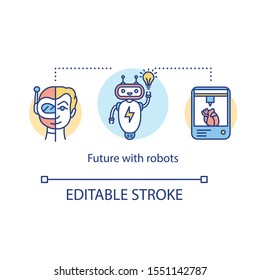 Future with robots concept icon. AI in service of humanity. Smart technology in medicine and entertainment. Bioengineering idea thin line illustration. Vector isolated outline drawing. Editable stroke